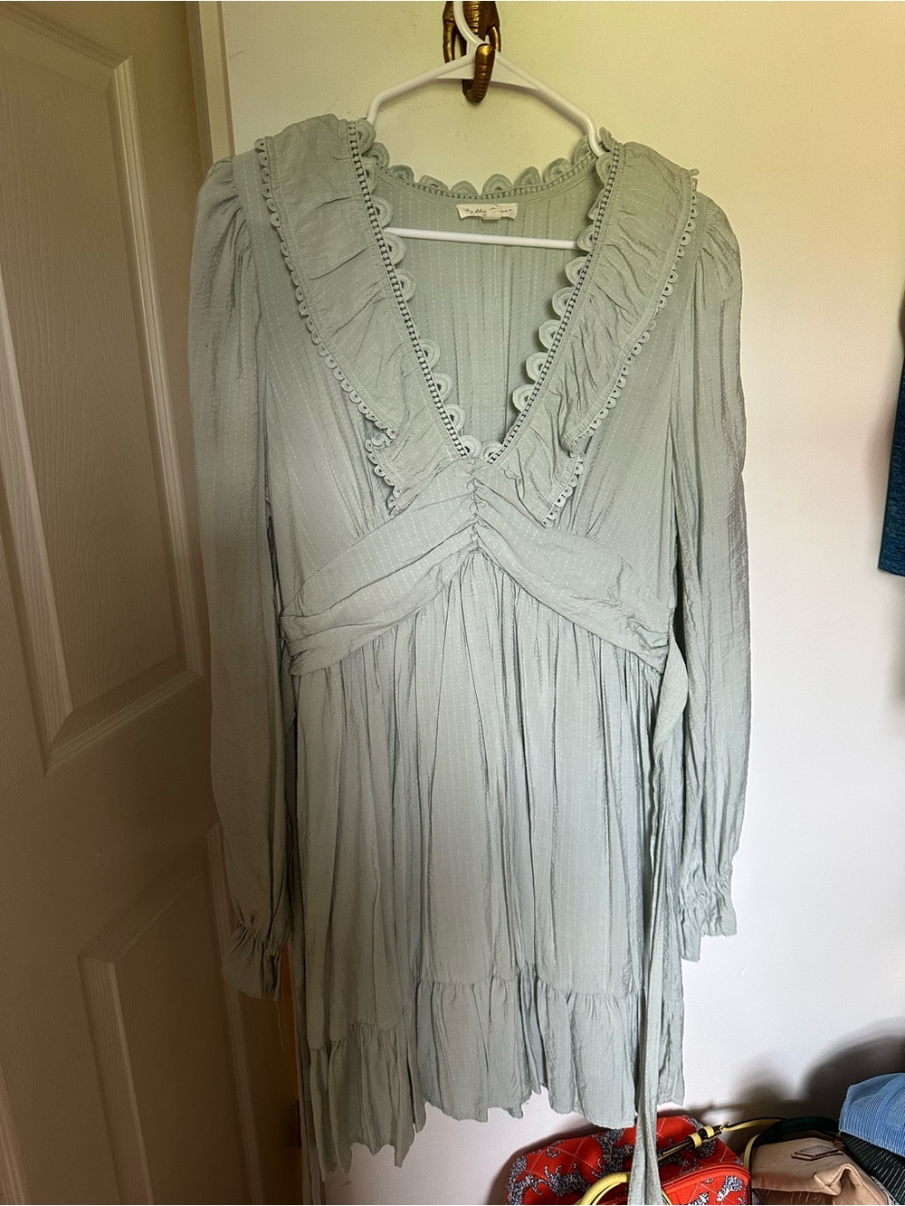 Light Sage Long Sleeve Ruffled V-Neck Midi Dress